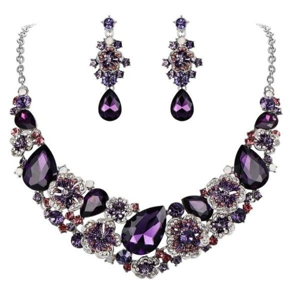 Silver and Amethyst Austrian Crystal Camellia Flower Necklace and Earrings Set